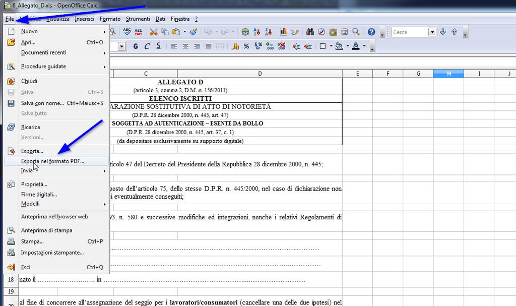 c) Istruzioni per creare un file PDF/A tramite OpenOffice Calc 4.x 1. OpenOffice Calc (Versione 4.