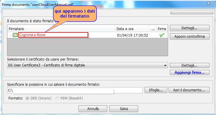 3. Verificare che la CNS sia correttamente inserita nel lettore e quindi cliccare su Aggiungi firma nella successiva finestra Firma documento. 4.