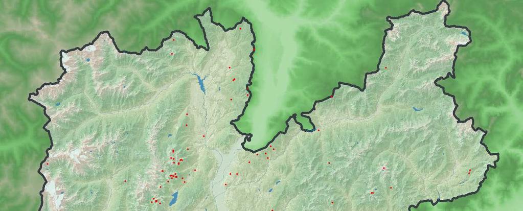 Figura 25: Distribuzione spaziale dei fulmini registrati in Trentino in maggio 2019 Nel mese di maggio 2019 sono stati registrati solo