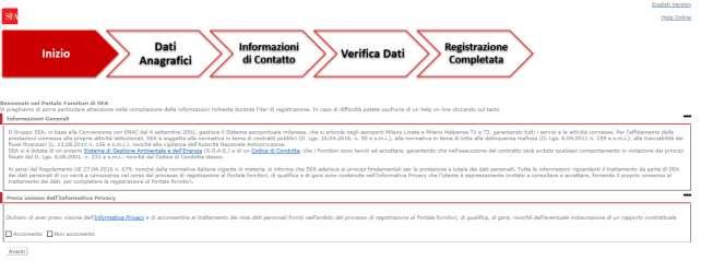 Nuova registrazione Il fornitore può portare a termine la registrazione completando i seguenti step: Figura 3 - Step di registrazione Nel primo step viene richiesta l accettazione delle