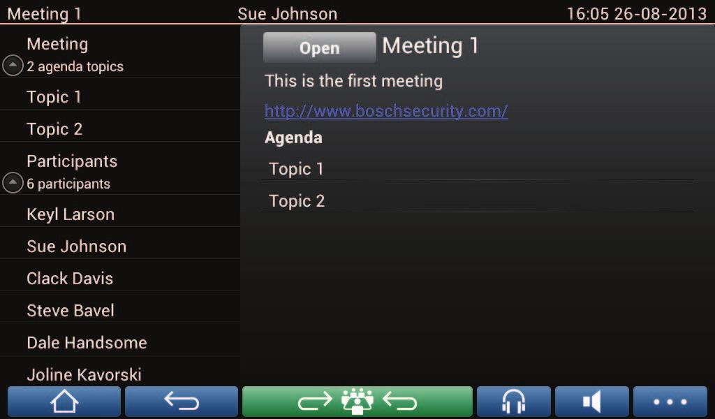 12 it Funzionamento del dispositivo multimediale DICENTIS DICENTIS 4.2.2 Schermata di panoramica della riunione Per visualizzare la schermata di panoramica della riunione, premere il pulsante Riunioni nella schermata Home (Schermata iniziale, Pagina 10).
