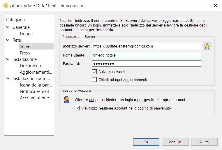 Impostazioni di accesso Indirizzo Server: http://update.easterngraphics.