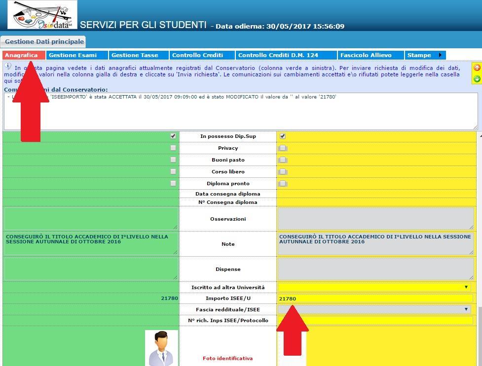 5. Cliccare su Anagrafica e inserire l importo ISEE.