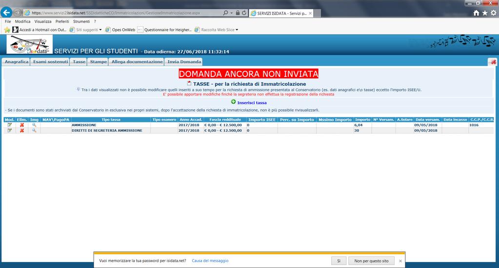 Cliccare su CLICCA PER INSERIRE UNA NUOVA TASSA PAGATA Selezionare dal menu a tendina TIPO TASSA la voce corrispondente ed inserire i dati, l eventuale importo se non indicato in automatico e il pdf