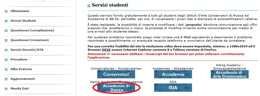 aspx -home page di ISIDATA Srl; cliccare nel menù sul lato sinistro sulla sezione Servizi Studenti cliccare