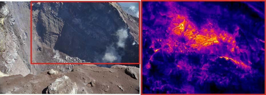 Figura 7 Immagine termica del cratere a pozzo confrontata con un immagine nel campo del visibile. A sinistra sono evidenti alcune fessure lungo l orlo craterico.