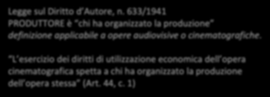 L esercizio dei diritti di utilizzazione economica dell opera cinematografica spetta a chi ha organizzato la produzione dell opera