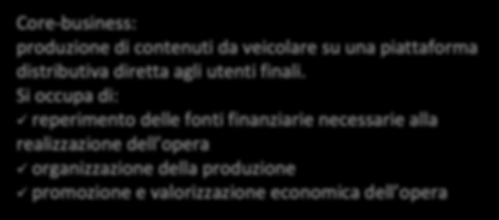 1) Core-business: produzione di contenuti da veicolare su una piattaforma distributiva diretta agli utenti finali.