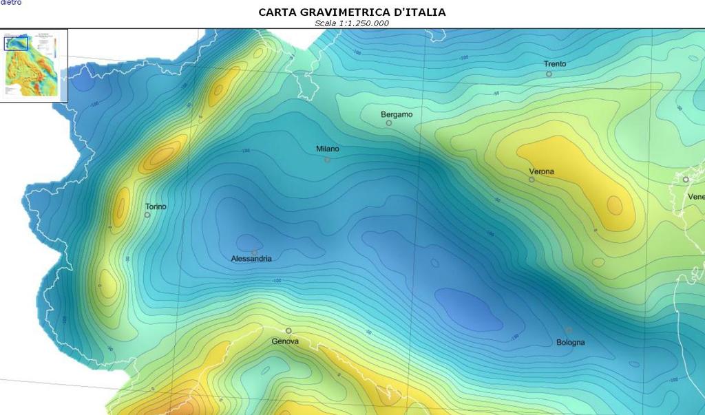 Gravimetria: carte d Italia + eccesso di massa Mappa valori di anomalia di Bouguer http://www.isprambiente.gov.