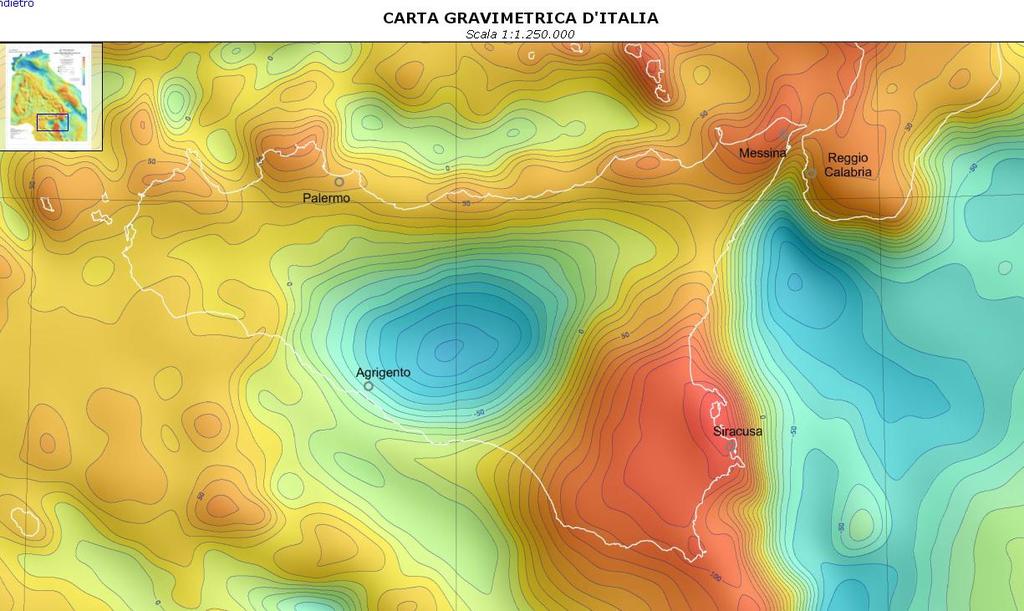 Gravimetria: carte d Italia + eccesso di massa Mappa valori di anomalia di Bouguer