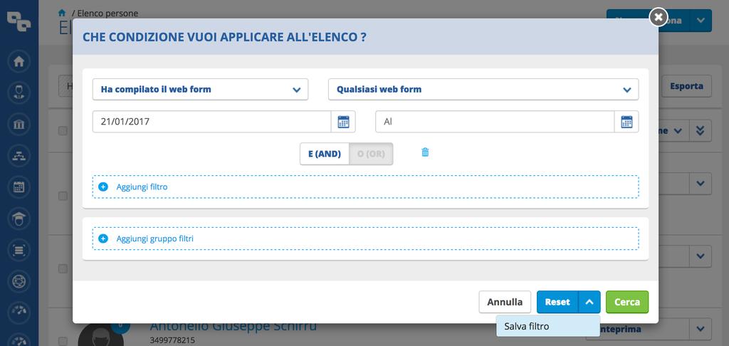 Infine se volete riutilizzare il filtro creato basterà selezionare il link in basso a destra Salva per salvare il filtro con il nome che avete inserito all interno del box Filtri salvati posizionato