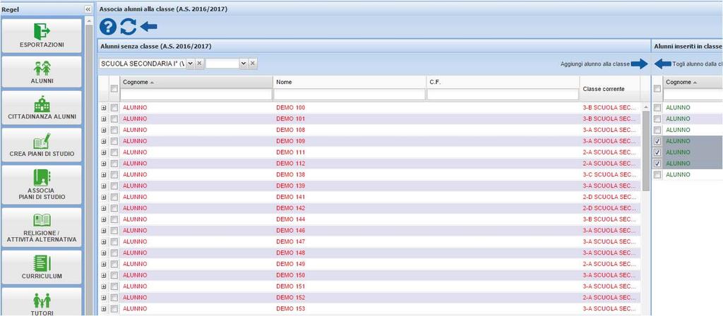 8. Utilizzando i due menu della griglia di sinistra è anche possibile andare a visualizzare gli alunni di un plesso e/o di una classe specifica.