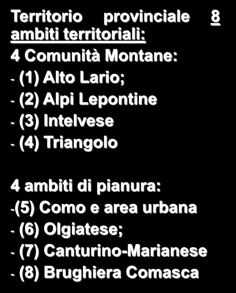 Il consumo di suolo nel PTCP 3 2 1 Territorio provinciale 8 ambiti territoriali: 4 Comunità