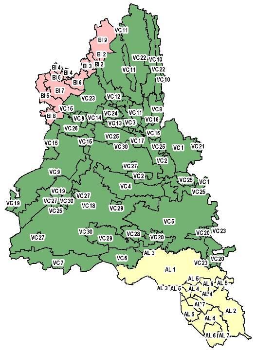 Aziende campione BI 4 BI 7 BI 8 VC 9 BI 3 VC 22VC 10 Zone in provincia di Vercelli In cui la malattia è stata rilevata In tutti tre gli anni (2005-2006-2007) VC 21 VC 18 VC 23 Zone