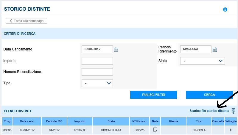 5.5 ESPORTAZIONE FILE Cliccando sul link Scarica file storico distinte, posto a destra in cima alla lista, è possibile