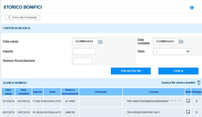 5.6 STORICO BONIFICI In questa sezione dell applicativo l utente può visualizzare i bonifici riconciliati e non riconciliati.