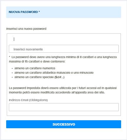 Dopo il consenso alle Norme l applicativo richiede all utente di modificare la password inserendone una di propria scelta con le seguenti caratteristiche: deve avere una lunghezza minima di 8