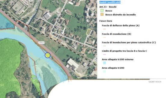 Figura 6 Ortofoto con indicazione degli ambiti inedificabili. In giallo l area d intervento. (fonte: Geoportale Valle d Aosta).