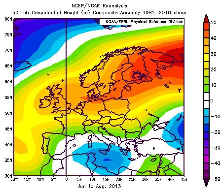 In Europa Dall analisi delle mappe di anomalia del geopotenziale a 500 hpa (circa 5500 m) e di anomalia della temperatura superficiale sull Europa rispetto al periodo di riferimento 1981-2010 (Fig.