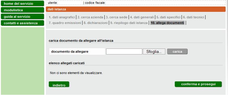 3.8 Documentazione da allegare In questa pagina (Figura 37) è possibile allegare i documenti necessari per il completamento dell istanza.