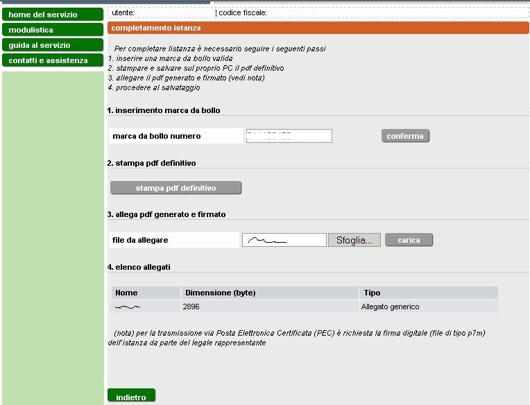 Per il completamento è necessario inserire il numero di marca da bollo e confermare con l apposito pulsante la correttezza dal numero inserito.