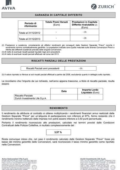 3 6 7 4 5 L ultima colonna della tabella indica il dato di prestazione minima a scadenza rivalutata al 31 dicembre 2012 e al 31 dicembre 2013.