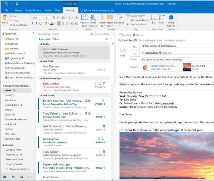 E-mail e calendario con Exchange e Outlook Priorità messaggi in arrivo con Focused Inbox e @ mentions Chiedi a Cortana di aiutarti ad organizzare la tua