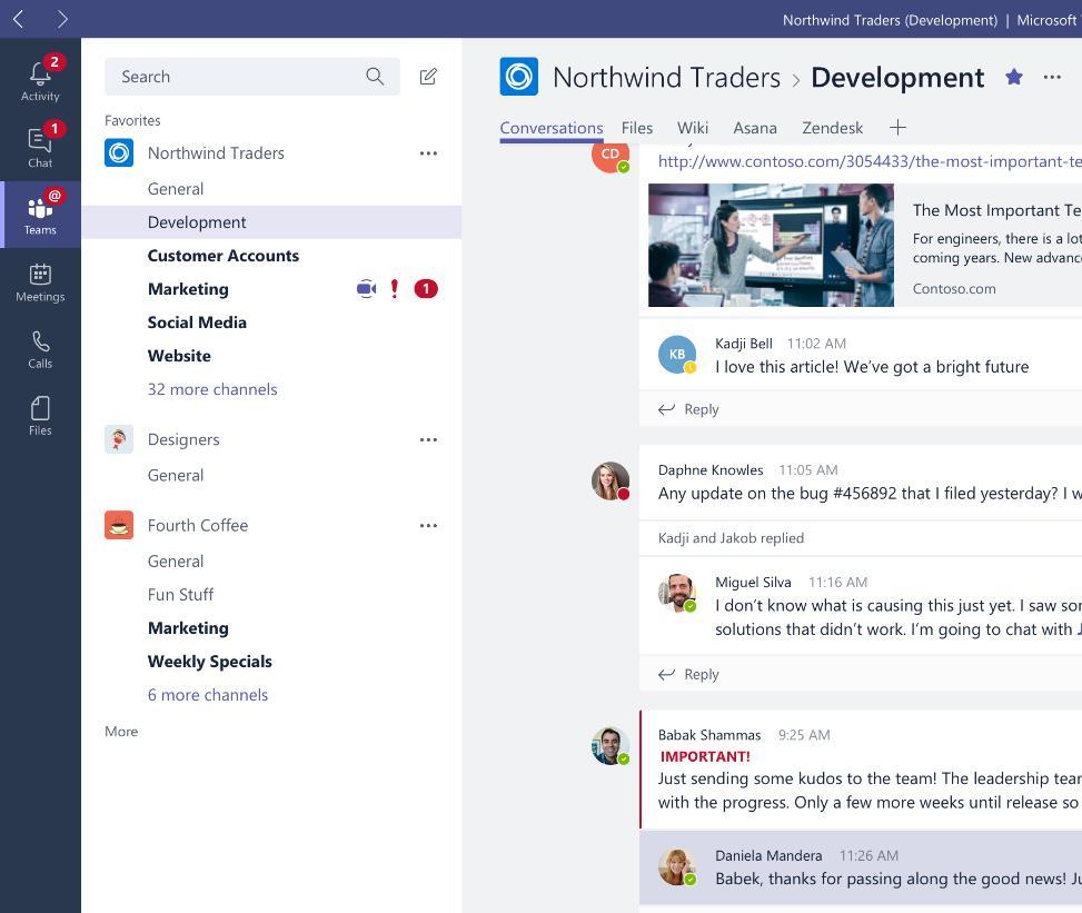 Microsoft teams, un hub per il lavoro di squadra Comunicare attraverso chat, riunioni e chiamate Collaborare con applicazioni Office 365 profondamente integrate