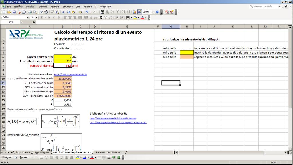 Pagina 9/10 STEP 4: VALUTAZIONE DEL TEMPO DI RITORNO DELLA PRECIPITAZIONE REGISTRATA Nelle celle gialle del foglio Calcolo Tr evento pluviometrico inserire rispettivamente i valori di DURATA DELLA