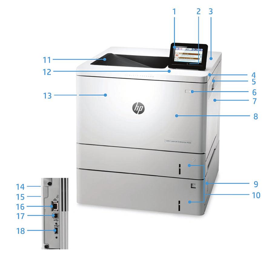 Panoramica del prodotto HP Color LaserJet Enterprise M553x in figura: 1. Pannello di controllo VGA a colori da 10,9 cm (4.3") intuitivo inclinabile per una visualizzazione facilitata 2.