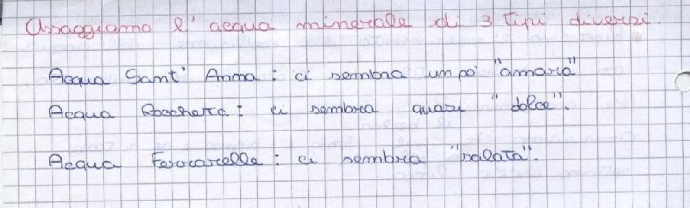 Le acque minerali Abbiamo fatto assaggiare tre tipi diversi di acqua minerale ai bambini, scegliendo tre acque mineralizzate in modo diverso: minimamente mineralizzate, oligominerali e minerali e