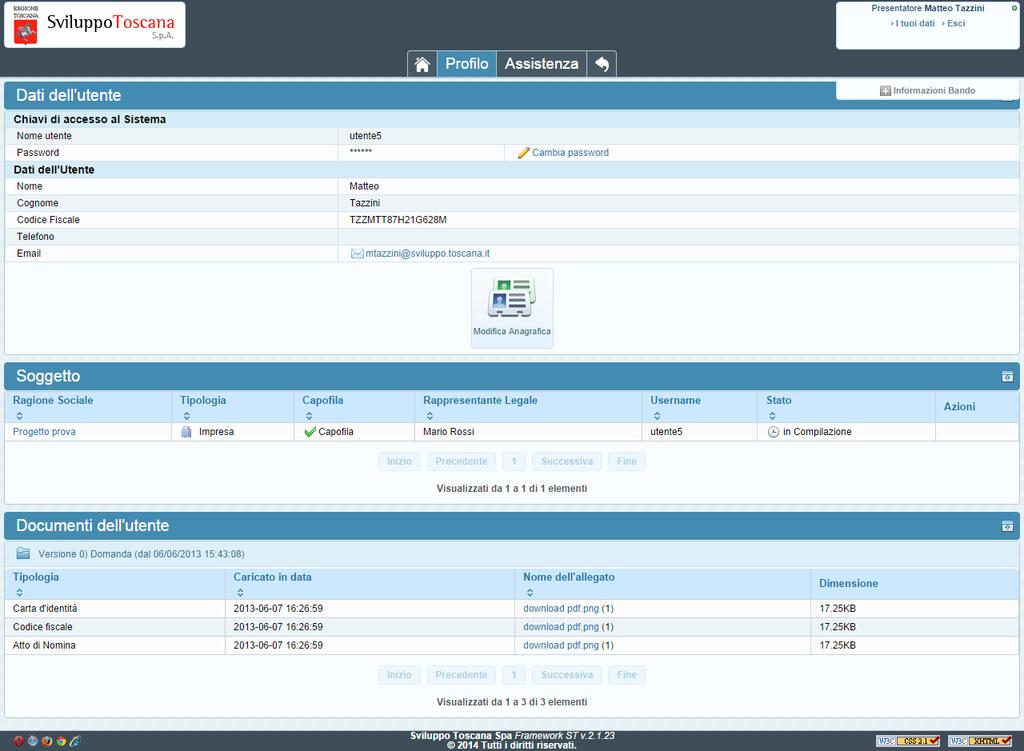 L utente partner Profilo utente In qualunque momento è possibile visualizzare i dati dell utente premendo Profilo dal menu di sistema e, se lo ritiene opportuno, cambiare la password (in evidenza il