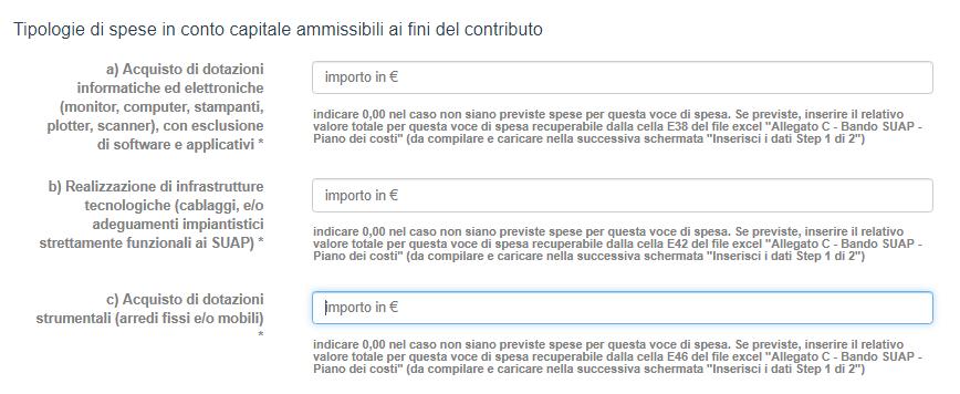 Bando 100% SUAP: Inserisci i dati - step 1 di 2 inserire/valorizzare i dati della richiesta, nello step «INSERISCI I DATI- step 1 di 2».