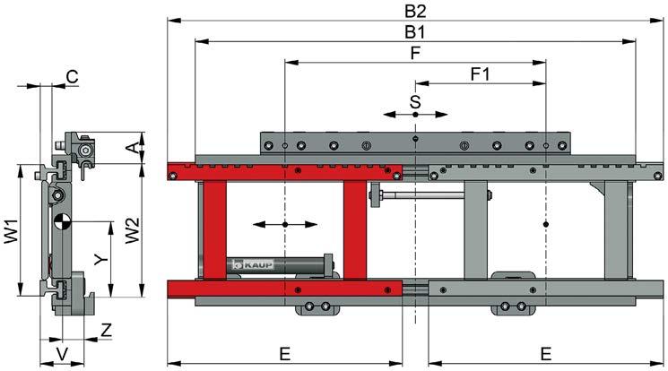 T252B Traslatore Laterale con due piastre porta forche, una fissa e una mobile serie T252B senza forche Per la movimentazione di due pallet affiancati (2 funzioni idrauliche) Portata