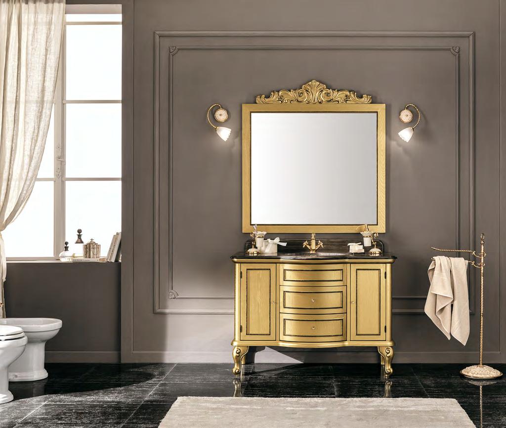 180 EBAN 181 #163 SOFIA FRASSINO INTAGLIATO FINITURA ORO E DECORO A MANO MARRONE. BASE DA 120 CON SPECCHIERA SOFIA, TOP IN PIETRA NATURALE STRIATO MARRONE E LAVABO SOTTOPIANO CERAMICA.