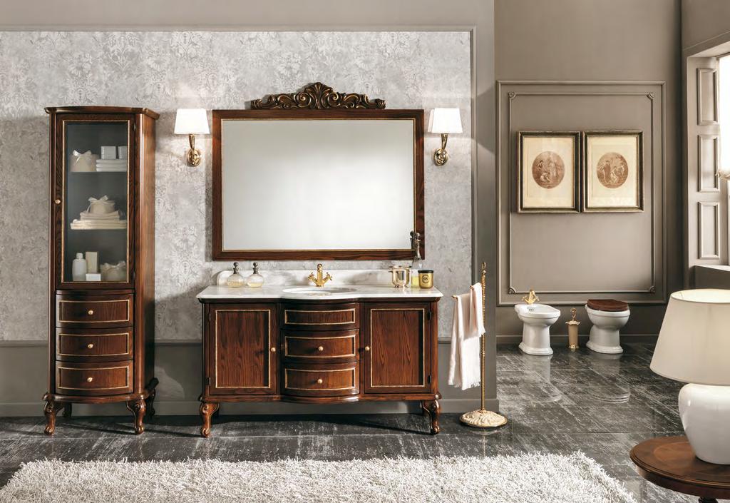 188 EBAN 189 #165 SOFIA FRASSINO INTAGLIATO FINITURA NOCE E DECORO A MANO ORO. BASE DA 150 CON SPECCHIERA E VETRINA SOFIA, TOP IN PIETRA NATURALE BIANCO DOLOMITI E LAVABO SOTTOPIANO IN CERAMICA.