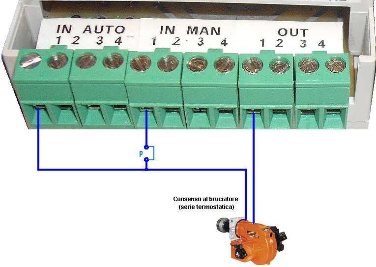 Collegamento moduli Aut/Man AM04 per comando bruciatore Riferendosi all'etichetta superiore del modulo Automatico/Manuale, i collegamenti sono: A1 Comando automatico (in automatico apre/chiude tra A1