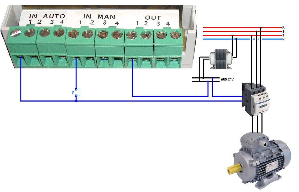 Collegamento moduli Aut/Man AM044 per comando pompa Riferendosi all'etichetta superiore del modulo Automatico/Manuale, i collegamenti sono: A1 Comando automatico (in automatico apre/chiude tra A1 e