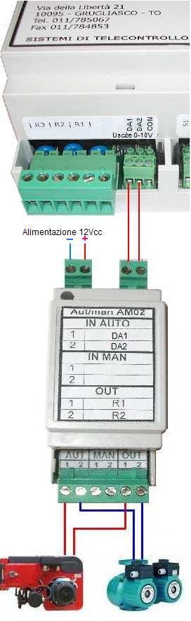 Esempio di utilizzo AM02 per trasformazione uscite analogiche 0-10Vcc (DA1 e DA2 di un T6ƒx) in uscite su relé per comandi ON/OFF In questo caso è sufficiente collegare i morsetti DA1 e DA2 del T6ƒx