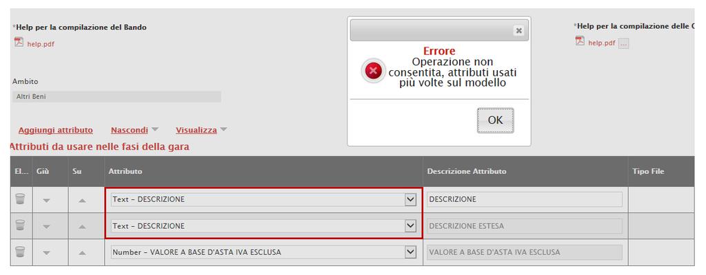 , come mostrato di seguito: Figura 26: Selezione Attributo Alcuni attributi sono correlati a descrizioni non editabili come ad esempio Number QUANTITA (IN UNITA DI MISURA), Attach ALLEGATO 1, altri