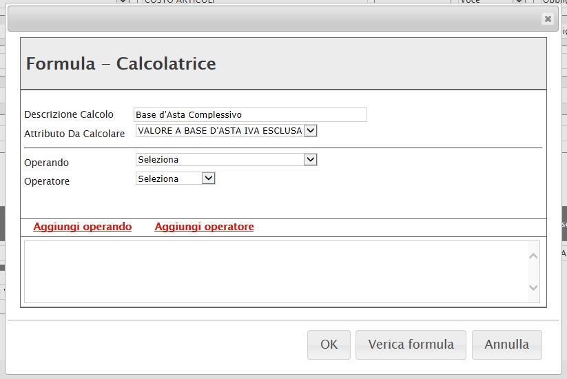 Figura 37: Formula per l attributo Calcolato In alto vengono riportati i dati inseriti sulla riga Colonne Calcolate (Descrizione Calcolo e Attributo da