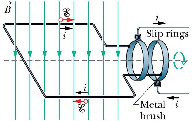 Il generatore di corrente alternata Una spira conduttiva è immersa in un campo magnetico uniforme Una forza meccanica ruota la spira con frequenza uniforme w g Ne deriva un flusso magnetico variabile