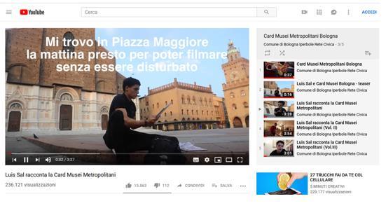 L uso di Youtube Il caso del canale Youtube del Comune di Bologna Il vero e proprio boom che si è registrato nel 2018 da parte del canale Youtube del Comune, cresciuto sia rispetto al numero di