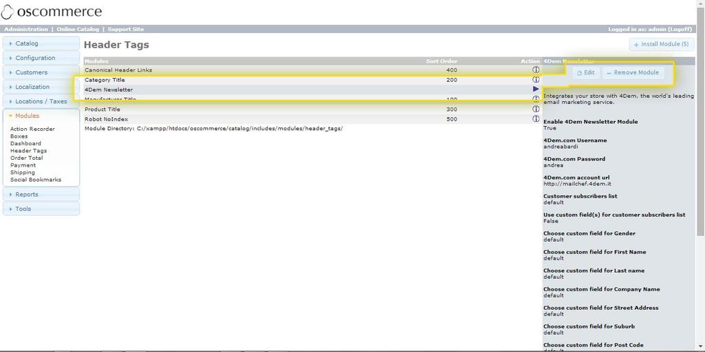 4Dem.it - Plugin di integrazione con OSCOMMERCE 6 CONFIGURAZIONE Per configurare il