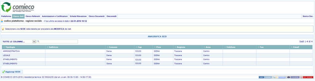 Elenco sedi In questa sezione, oltre alla sede legale, sono presenti le unità locali della piattaforma che