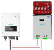 Figura 20 - Connessione di comunicazione e potenza tra due batterie WeCO NOTA: la posizione dei dip switch (bianchi su sfondo rosso, come riportato nelle seguenti figure), cambia a seconda del numero