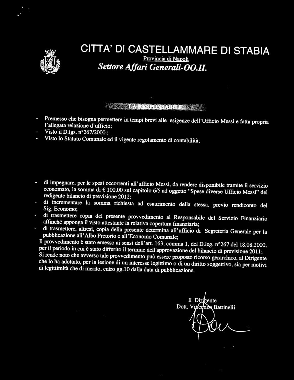 CITTA' DI CASTELLAMMARE DI STABIA Provincia di Napoli Settore Affari Generali-00.11.