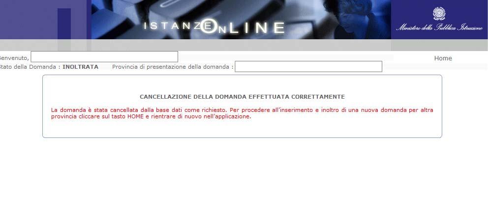 Il sistema prospetta una pagina di avvenuta cancellazione.