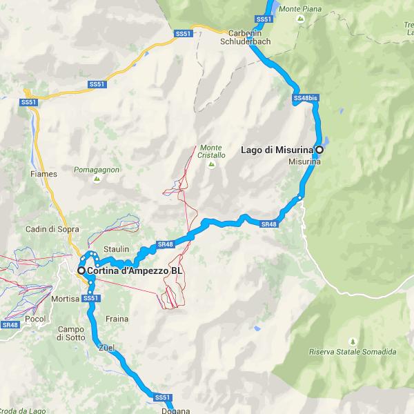Guida in direzione di Strada Statale 48bis/SS48bis a Auronzo di Cadore 13,4 km/21 min 28. Svolta a sinistra e imbocca SR48 11,3 km 29.