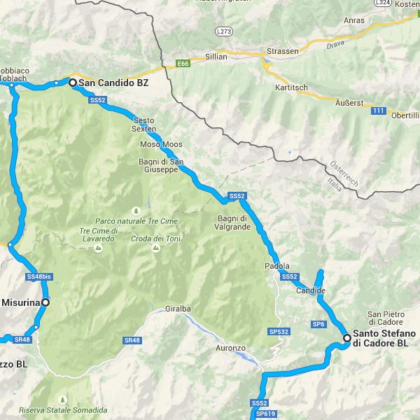 Procedi in direzione ovest da Strada Regionale 355/SR355 verso SS52 41 m 46. Svolta a sinistra e imbocca SS52 (indicazioni per Belluno/Cortina/Auronzo) 12,8 km 47.
